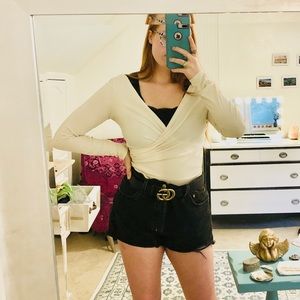 Cream long sleeve wrap bodysuit